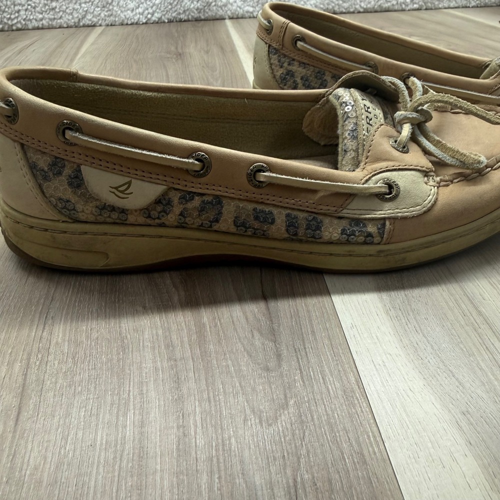 Sperry Top-Sider Angelfish Boat Shoes Leopard Sequin Leather‎ Tan Womens 8.5 M